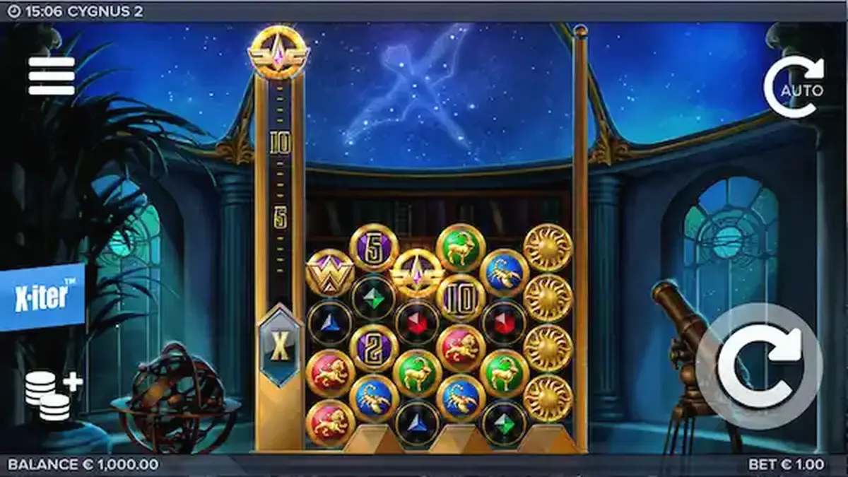 Tampilan visual observatorium dan rasi bintang dalam game slot Cygnus 2